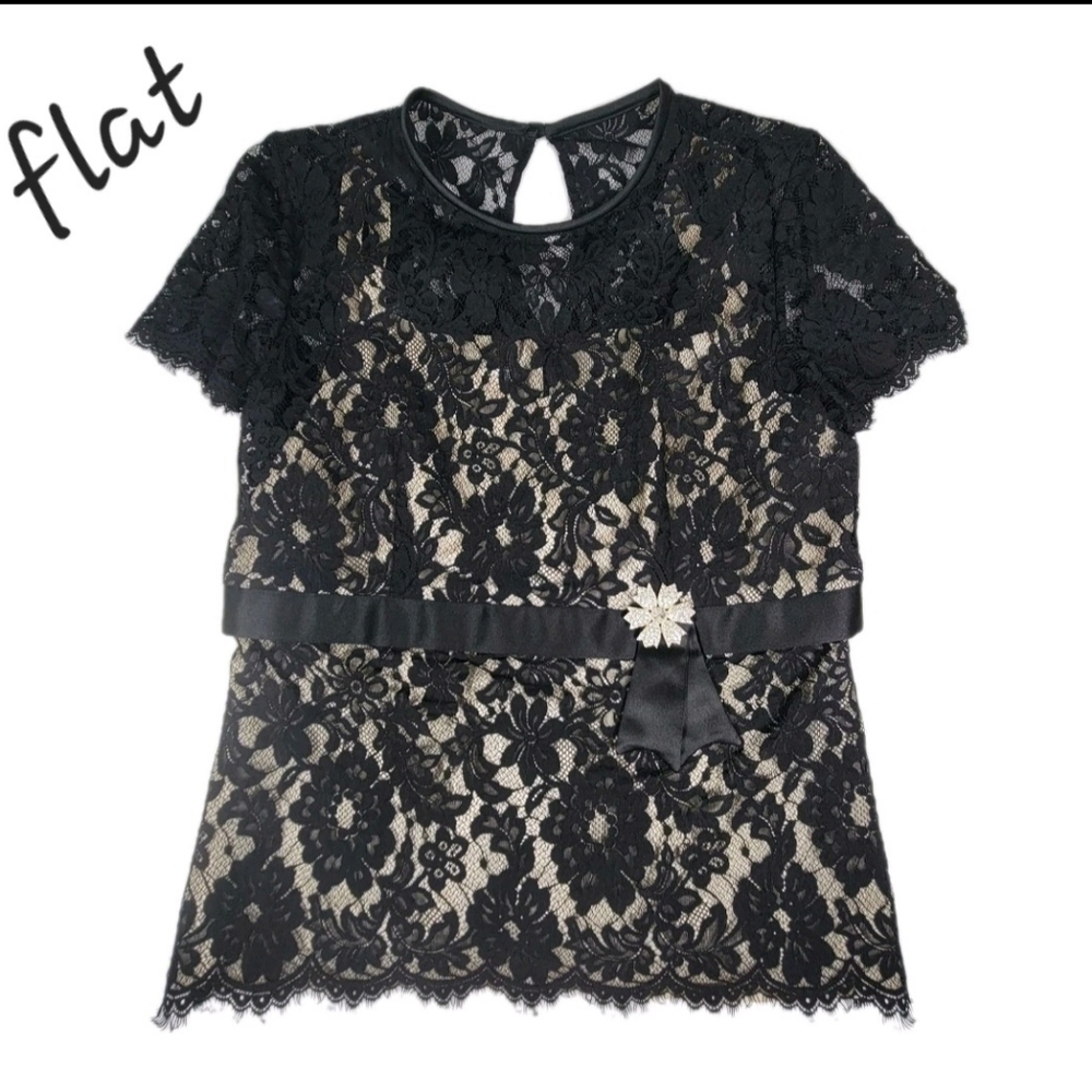 Talbots Womens Semi Sheer Cap Sleeve Lace Lined Top Size 12 Broach Keyhole Back